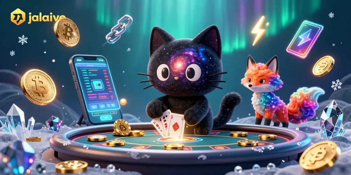 Engage with jalalive, featuring a cosmic black hole cat and nebula fox at a vibrant casino table, amidst glowing cryptocurrency elements.