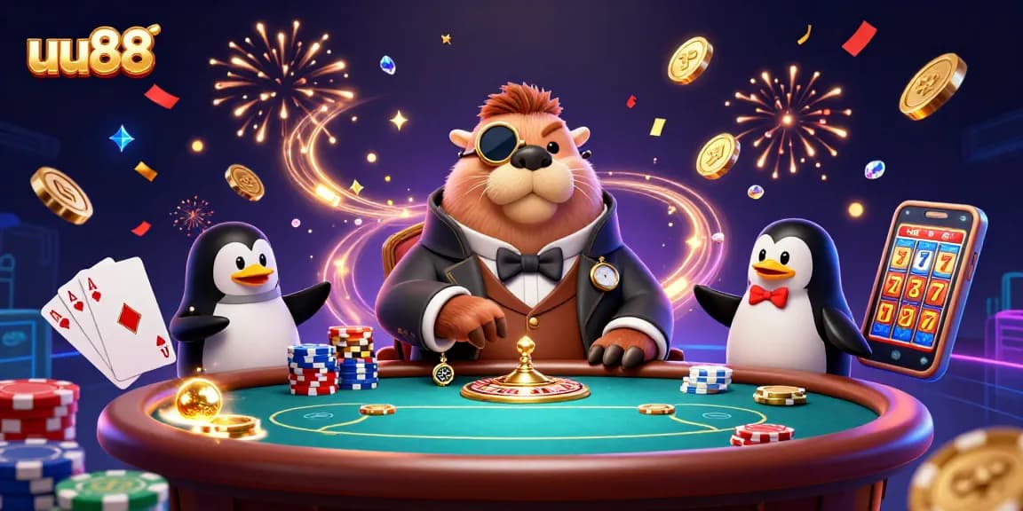 Experience thrilling gaming action at uu88 with a jolly walrus playing poker at an underwater table.