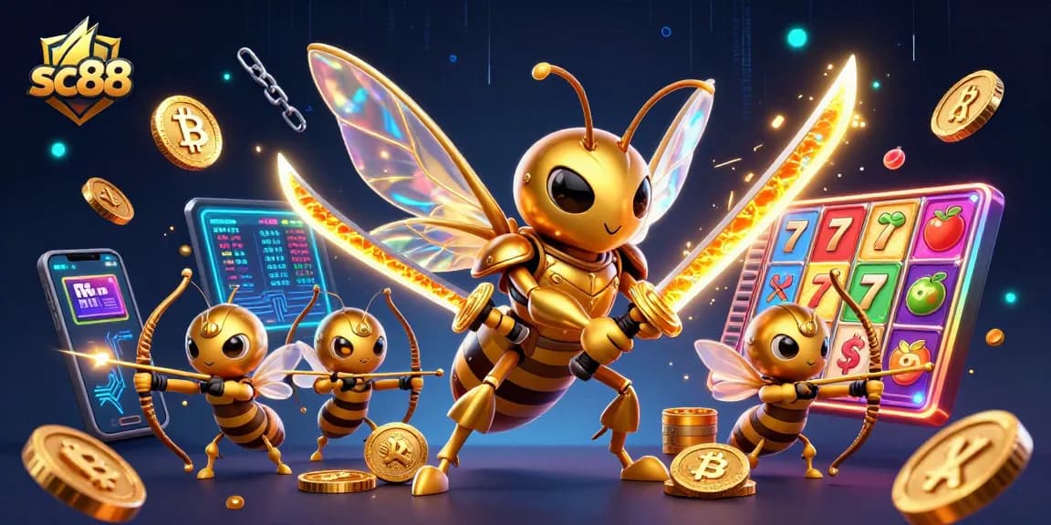 Engage with sc88's vibrant casino scene featuring dynamic slot reels and colorful crypto elements.