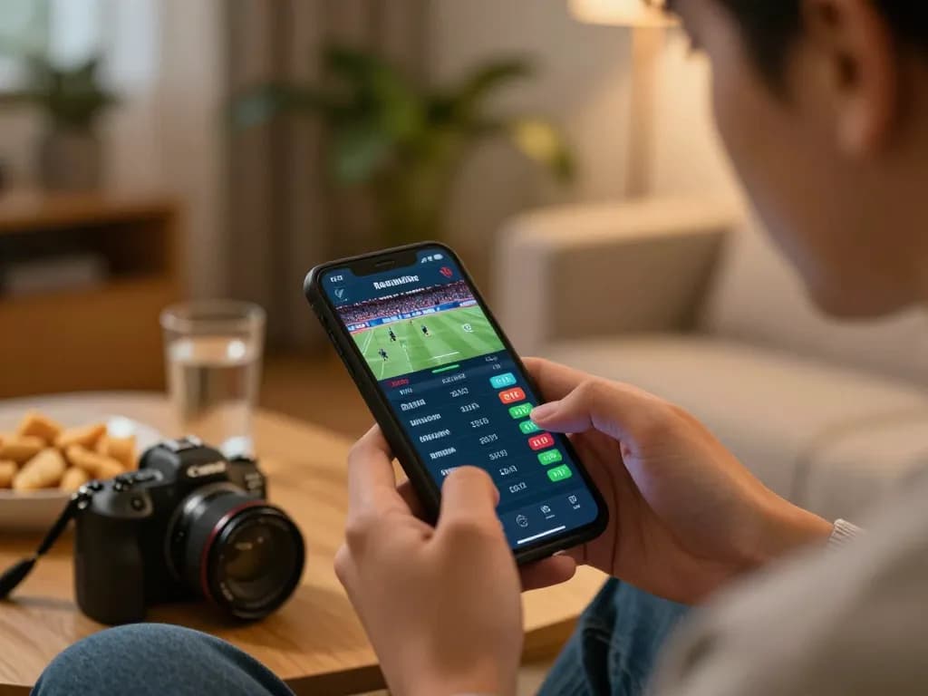 Pemain HOKI368 terlibat dalam taruhan langsung di smartphone di tengah suasana rumah yang nyaman.