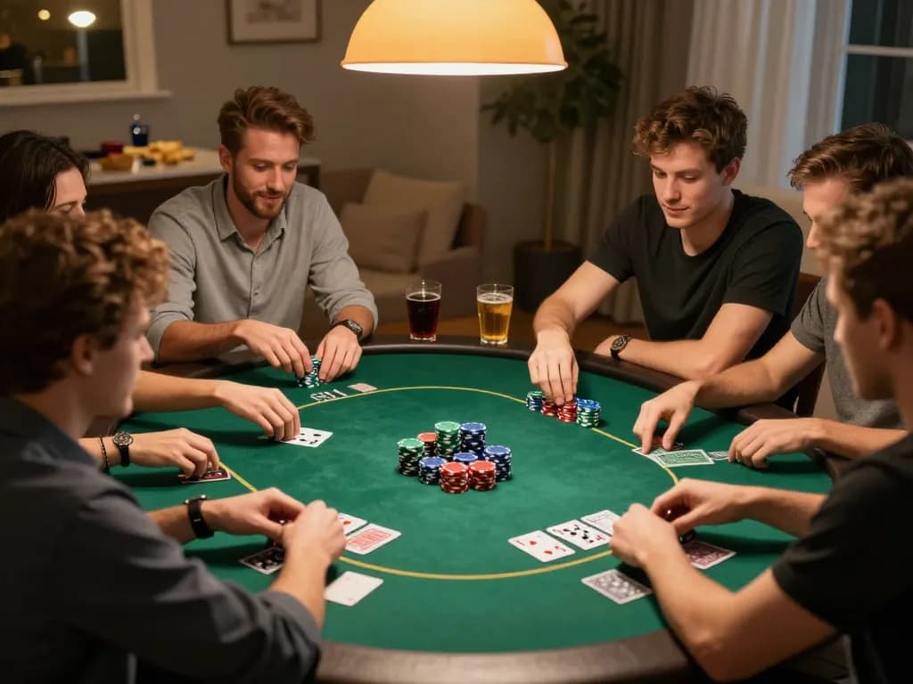 Engaging poker night scene with friends playing at home, showcasing LGOGOAL strategies in action.