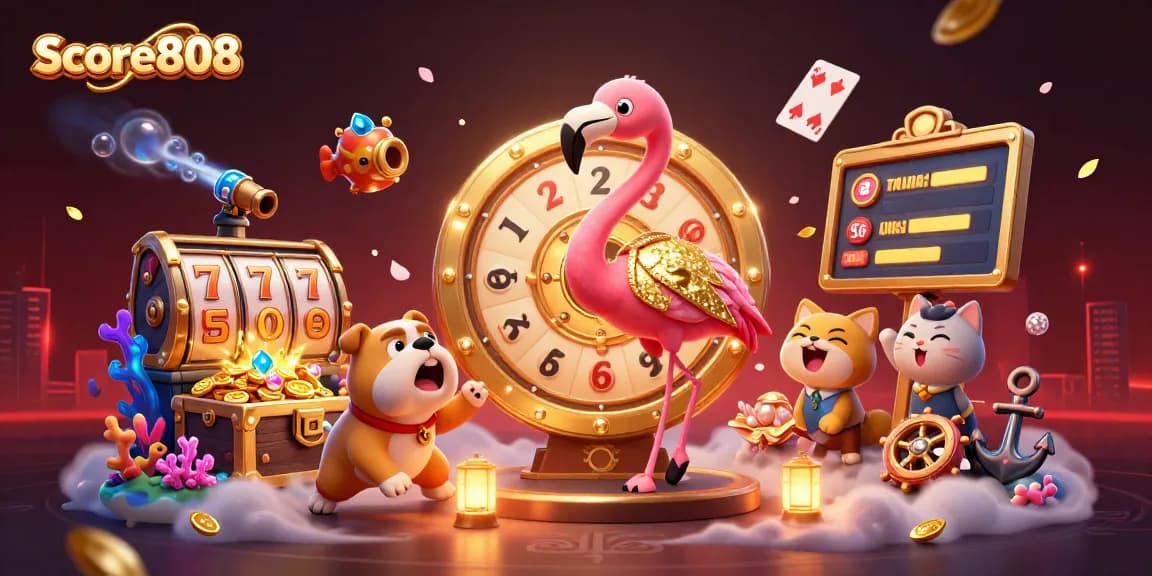 Experience thrilling gameplay with Score808's vibrant prize wheel and characters in action.