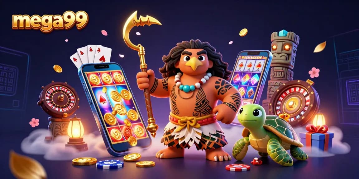 Experience mega99's vibrant slot gameplay with a mystical hawk and turtle in a rich 3D casino backdrop.
