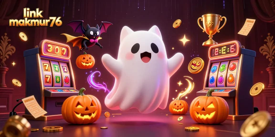 Experience the thrill of gaming with link makmur76, showcasing a ghost cat and casino elements!