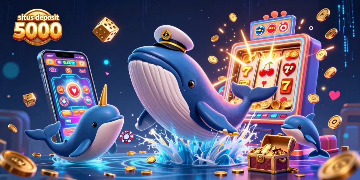 Spark dazzling wins at situs deposit 5000 with a dynamic 3D casino scene featuring a whale and slot jackpot burst.