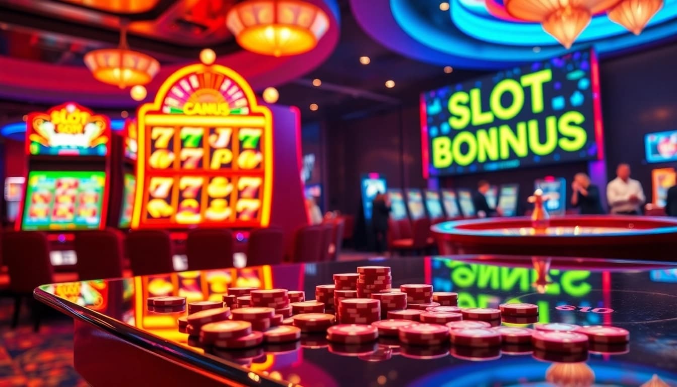 Visually stunning casino scene celebrating the slot bonus new member with vibrant slot machines.