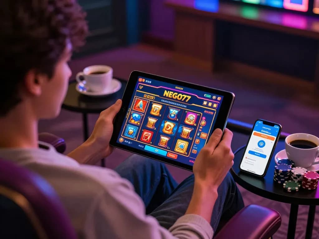 Engaged player exploring NEGO77 online slots at home, showcasing dynamic gaming interface.