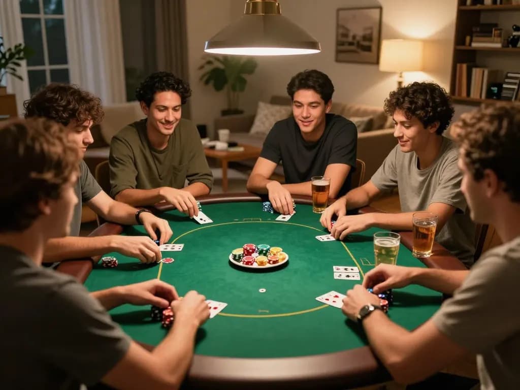 Players strategizing at a home poker game, showcasing friendly competition and camaraderie with 98win.