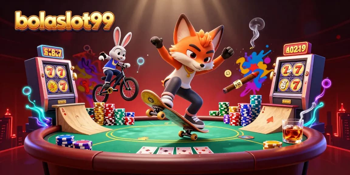 Bolaslot99 showcases a vibrant 3D casino scene with a skateboarder fox and BMX-riding rabbit.