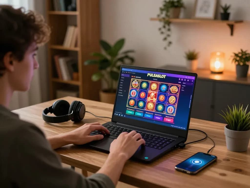 PULSASLOT gaming setup showcasing an engaging online slot game experience in a cozy home office