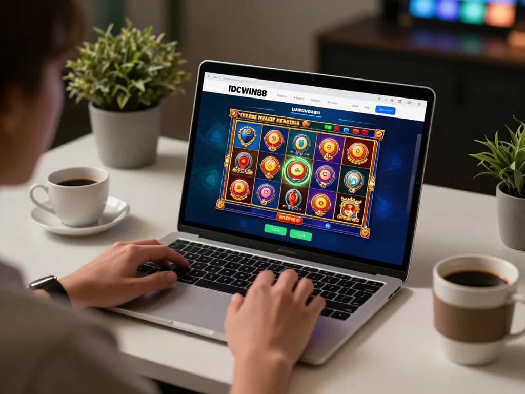 Engaging gameplay on IDCWIN88 online platform with vibrant slot graphics on cozy desk setup.