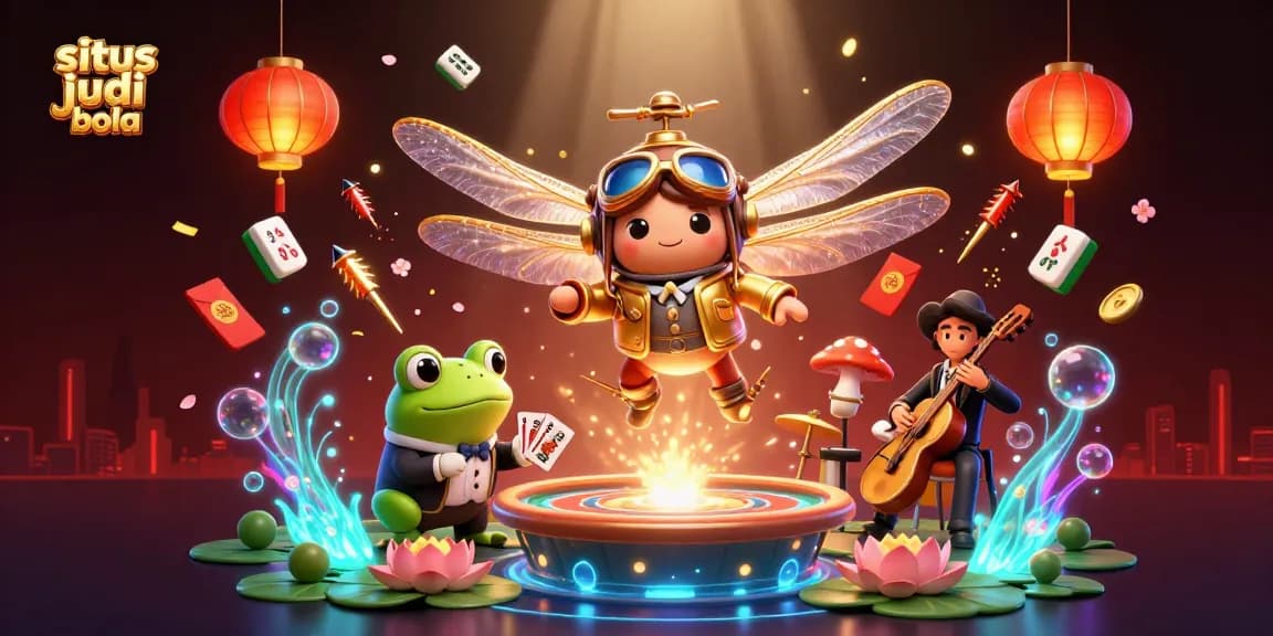 Engage with situs judi bola in this vibrant 3D scene featuring a dragonfly pilot and frog croupier, showcasing dynamic gaming elements.