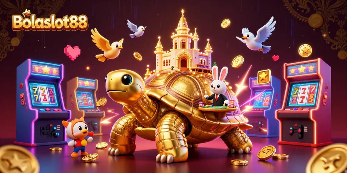 Bolaslot88 features a vibrant 3D casino scene with a golden tortoise and a rabbit dealer, showcasing exciting gaming elements.