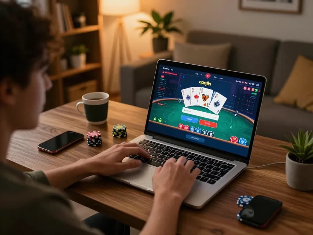 Engaged player accessing qqalfa login at modern online poker setup, showcasing strategic gaming.