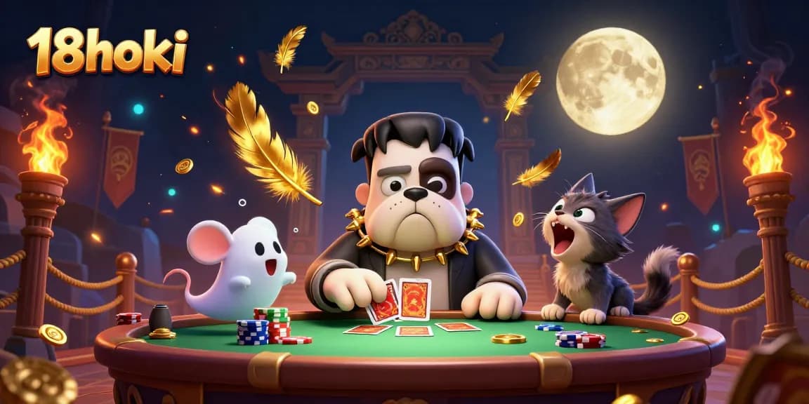 Engage with 18hoki at a vibrant casino scene featuring a thrilling card game with lively characters.