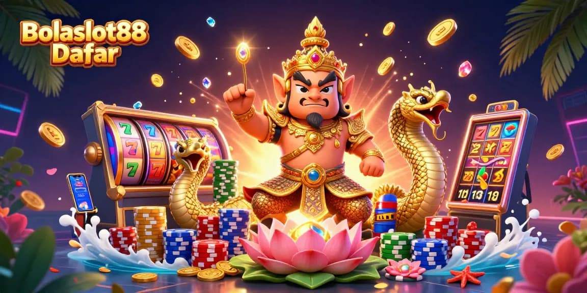 Bolaslot88 Daftar reveals an enchanting scene of a Thai guardian amid cascading coins and vibrant slot games.