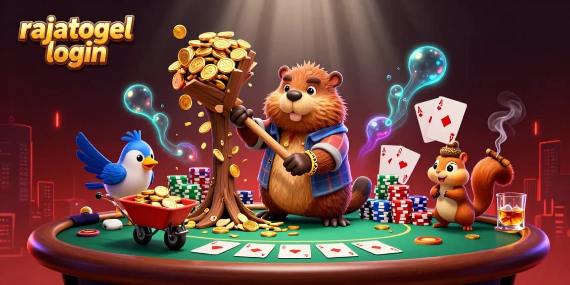 Gambarkan raja togel login dengan hewan lucu di kasino dan tumpukan chip poker berwarna-warni.