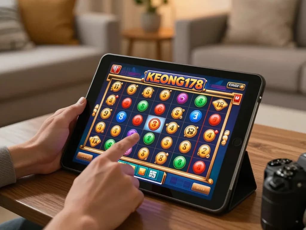 Player enjoying KEONG178 slot game on tablet with vibrant visuals in cozy setting.