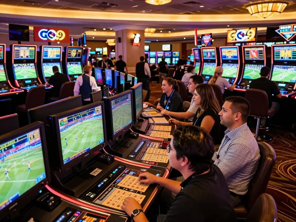 Engaged sports betting enthusiasts placing wagers at GO99 casino, vibrant screens showing live action.