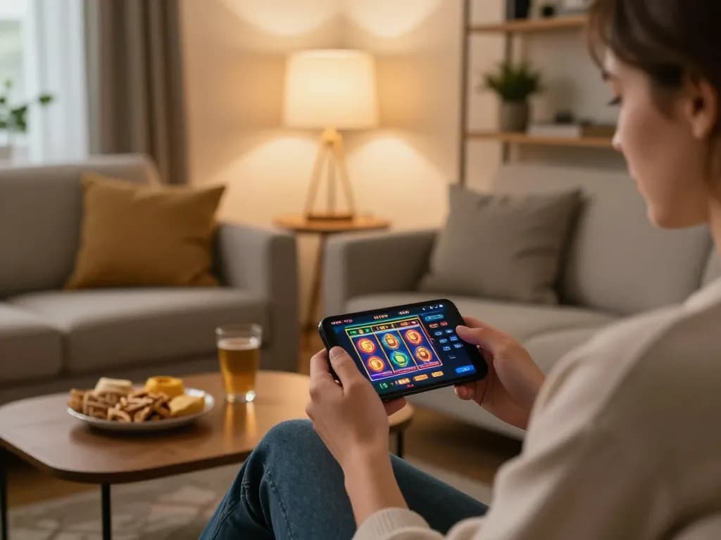 Gambling with Garansi Kekalahan on smartphone in a cozy home environment