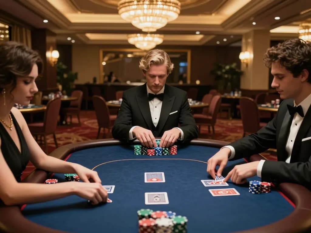 KADAL778 players strategizing during a high-stakes poker game in a luxurious casino setting.