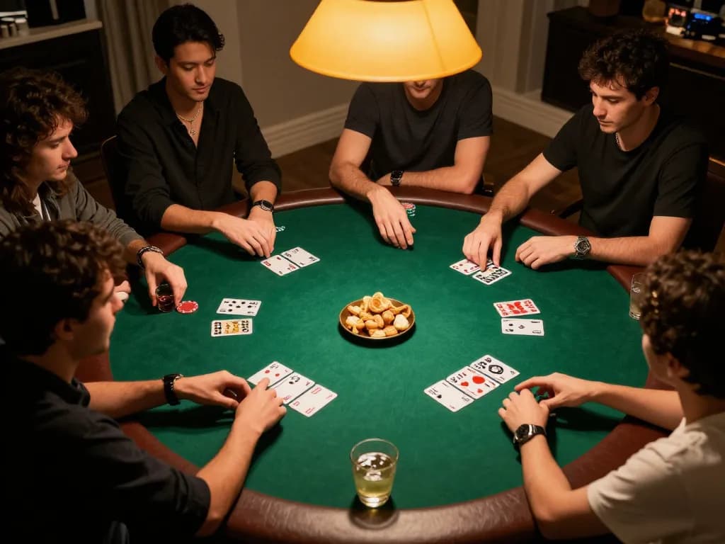 GG88 players engaging in a lively home poker game, showcasing community cards and competitive spirit in a cozy environment.