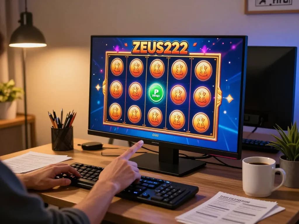Exciting online gaming session featuring ZEUS222 slot game on screen, engaging player poised to spin.