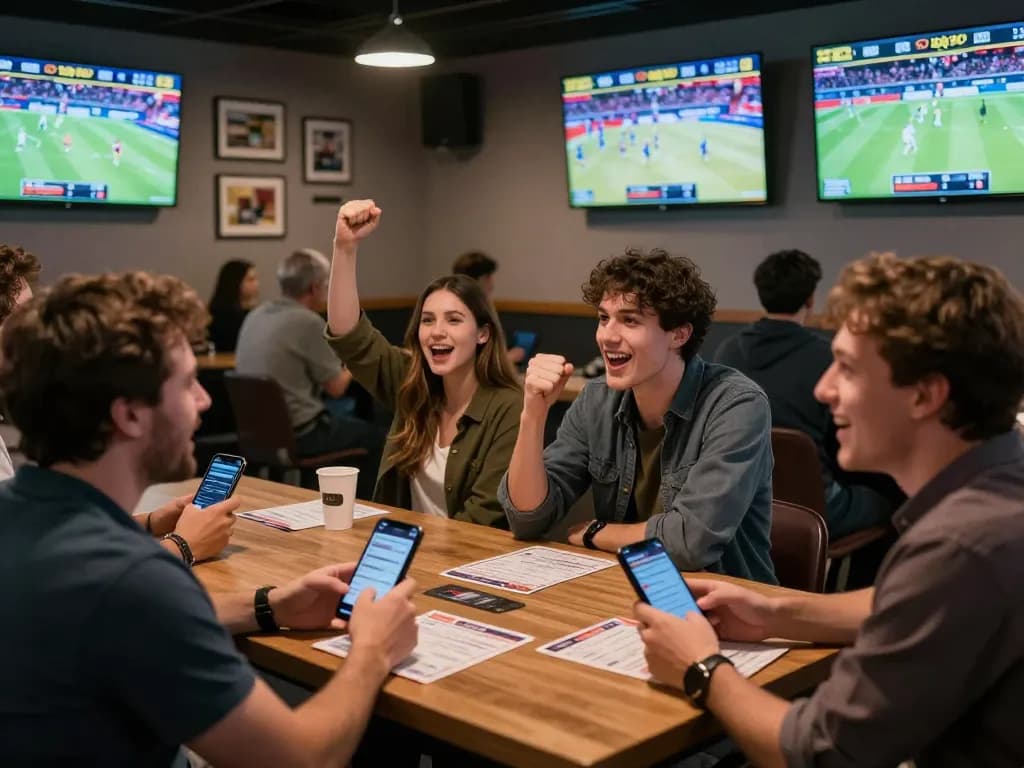 Engaged fans at UU88 placing bets during live sports events in a lively betting lounge
