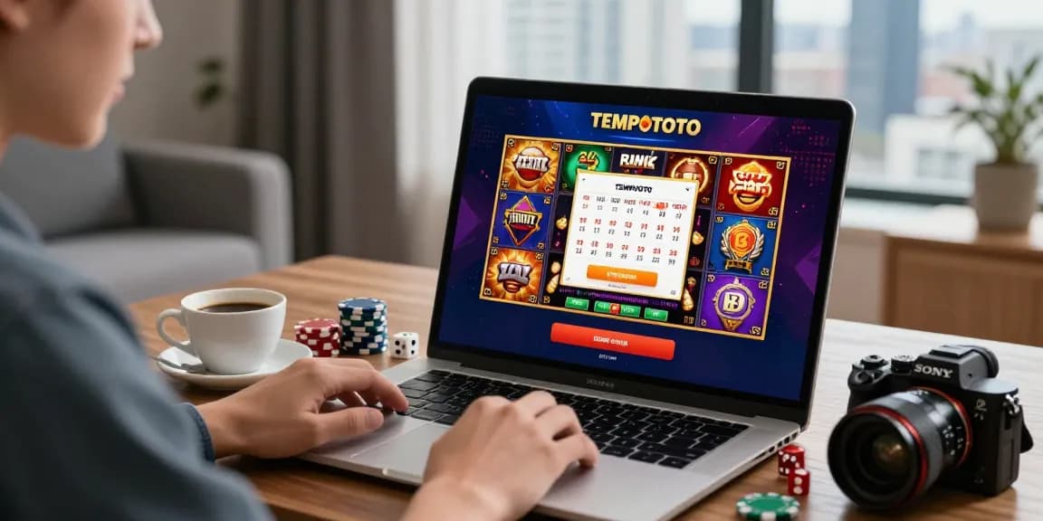 Engaging gaming scene featuring tempototo login on a laptop, surrounded by slot games and cozy atmosphere.