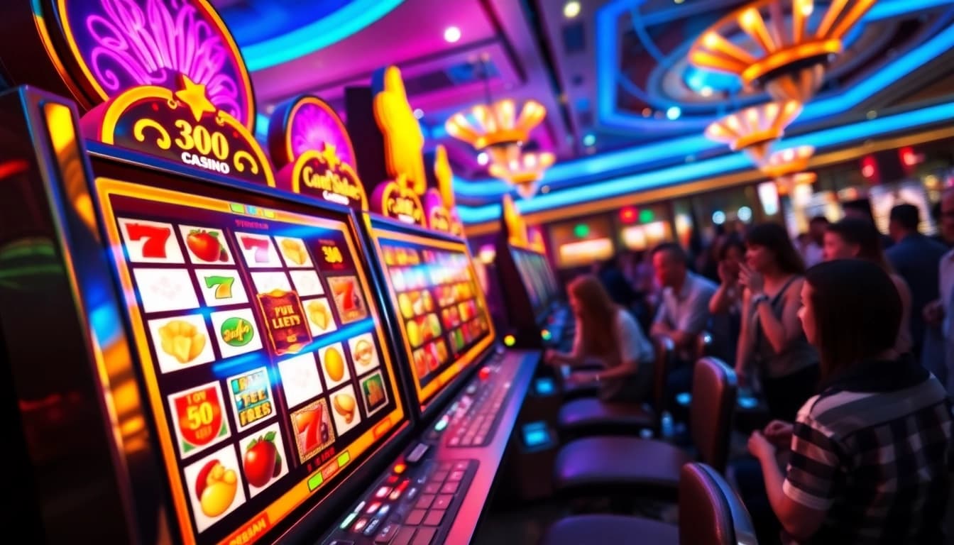 Permainan slot yang menarik di kasino, menampilkan mesin dengan lampu dan pemain yang bersemangat.