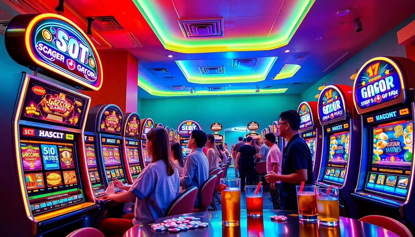 Exciting scene of slot gacor machines in a lively casino with players winning big.