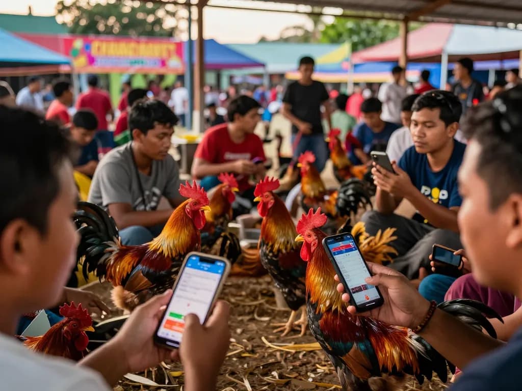 Adegan menarik yang menangkap peserta terlibat dalam taruhan sabung ayam online di tengah arena tradisional yang meriah.