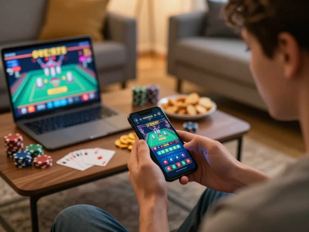 Engaging online gaming moment at lv88 app, showcasing strategic poker gameplay in a cozy environment.