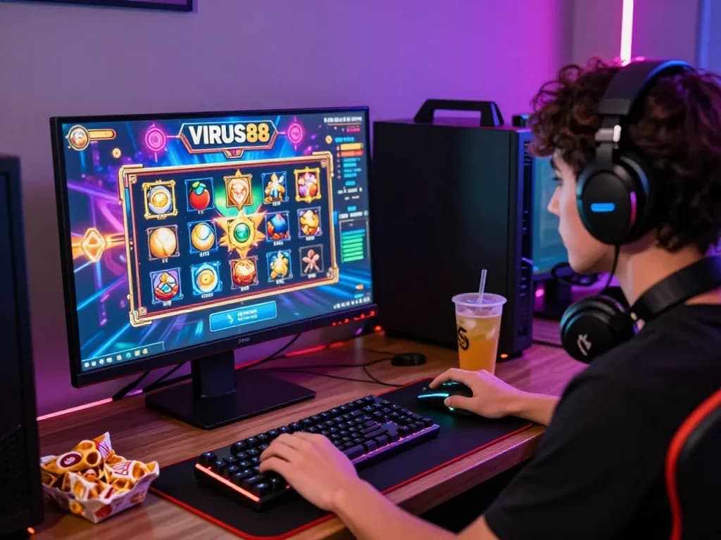 Pemain terlibat dalam permainan slot VIRUS88 dalam pengaturan permainan yang hidup menunjukkan peralatan permainan modern.