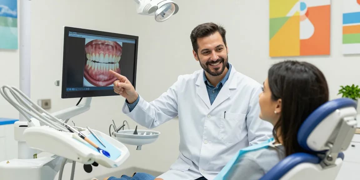 Visit a friendly dentist in a modern dental clinic with digital displays and patient engagement.