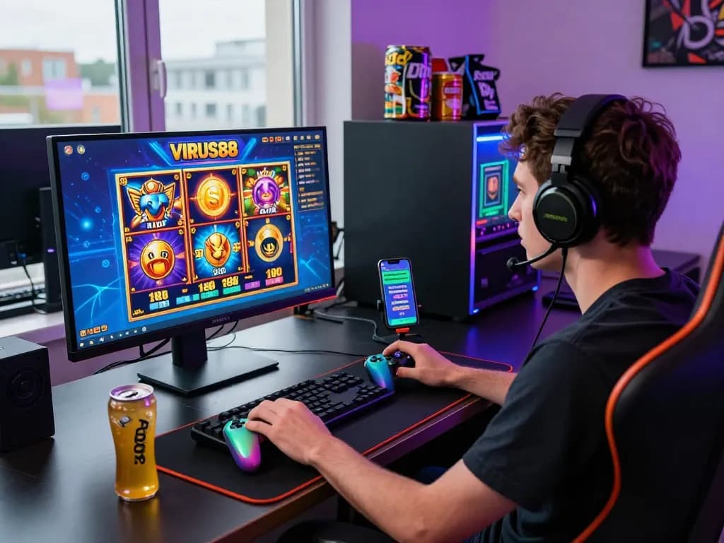 Pengaturan permainan yang menarik menampilkan game slot Virus88 di layar yang cerah, pemain sepenuhnya terlibat dalam permainan.