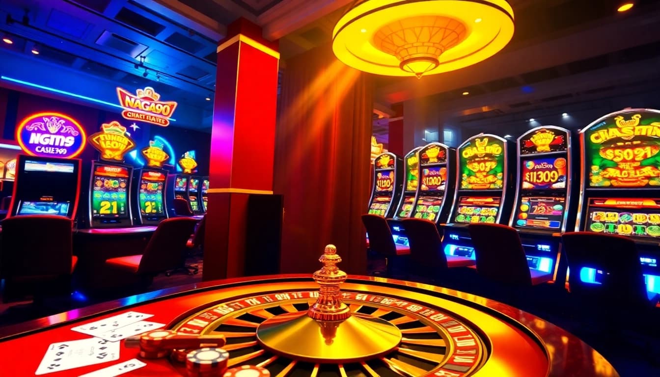Naga99 online casino scene featuring vibrant poker chips, slot machines, and roulette wheel.