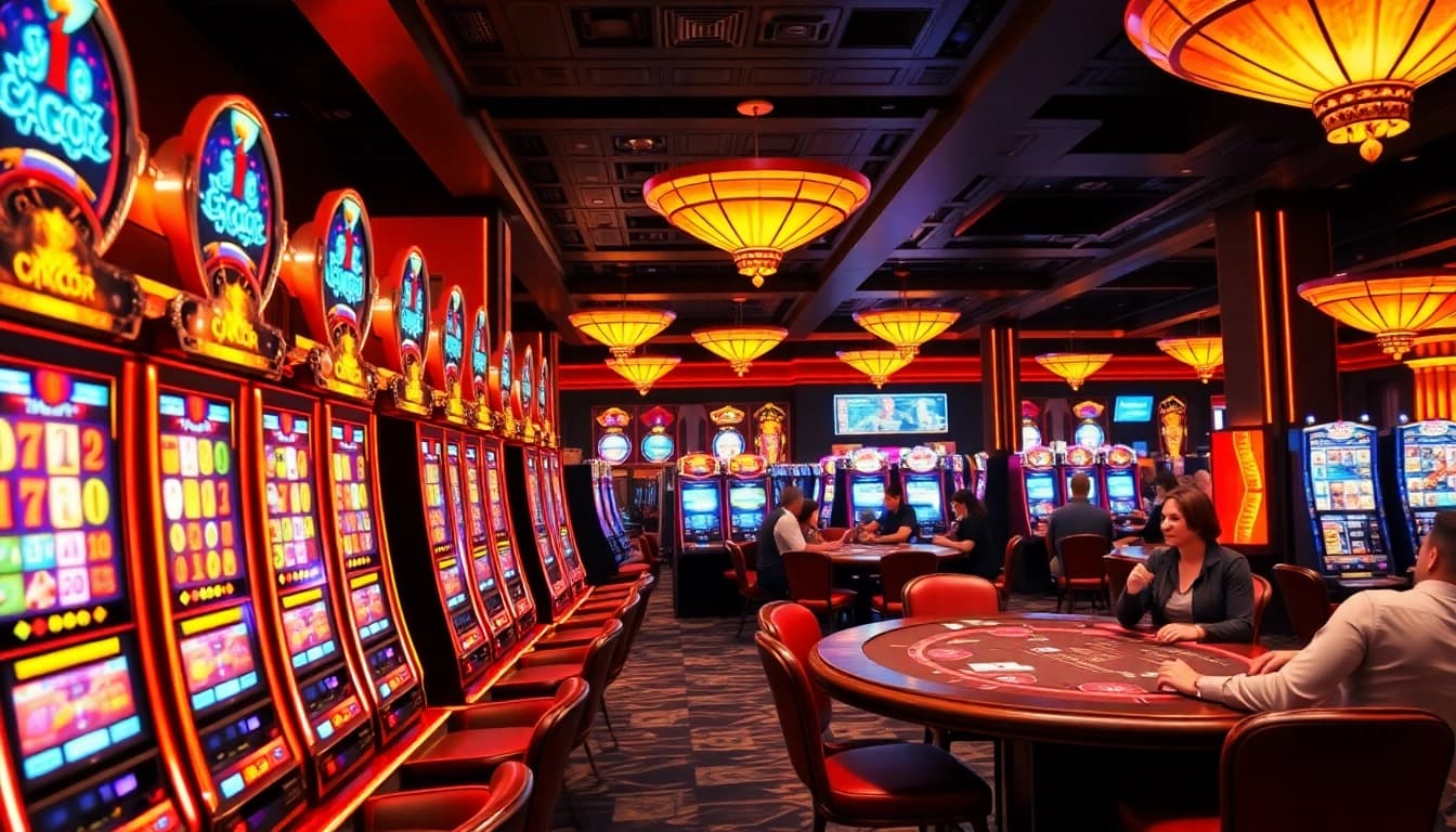 Experience the thrill of Slot Gacor with vibrant gaming machines and players enjoying casino excitement.