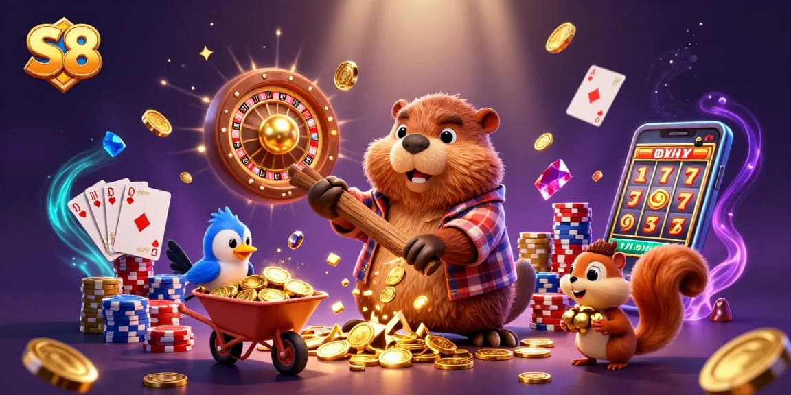 S8 invites players to grab golden coins and gems in this exciting casino-themed adventure illustration.