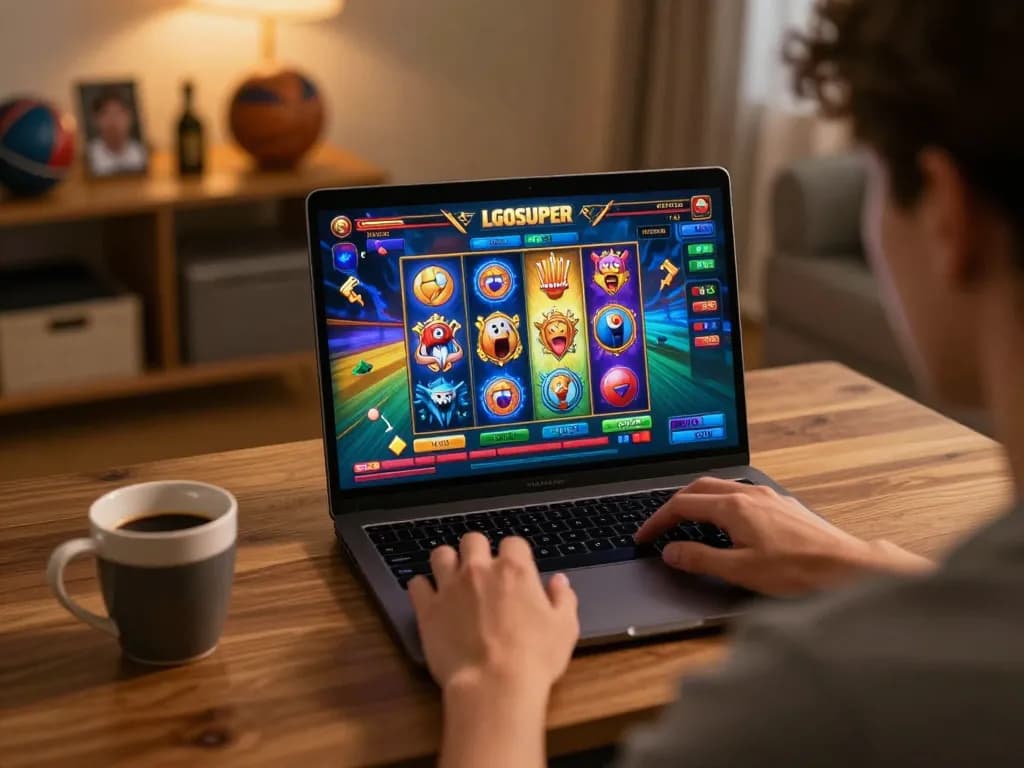 Engaged player enjoying LGOSUPER slot games on a laptop in cozy home environment.