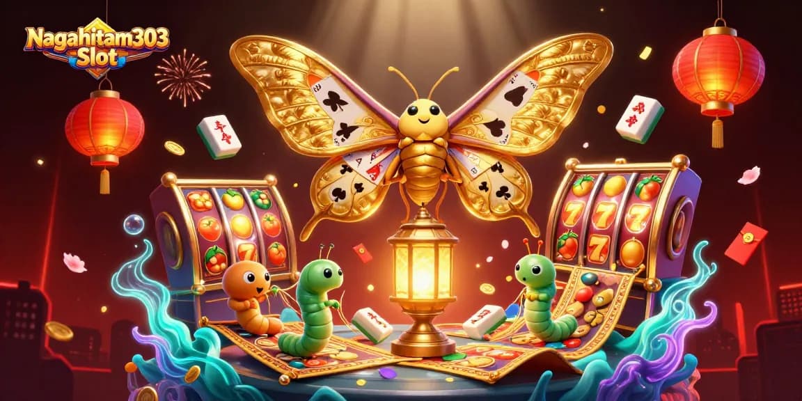 Nagahitam303 Slot showcases vibrant 3D illustration with animated slot reels and lucky symbols for players.