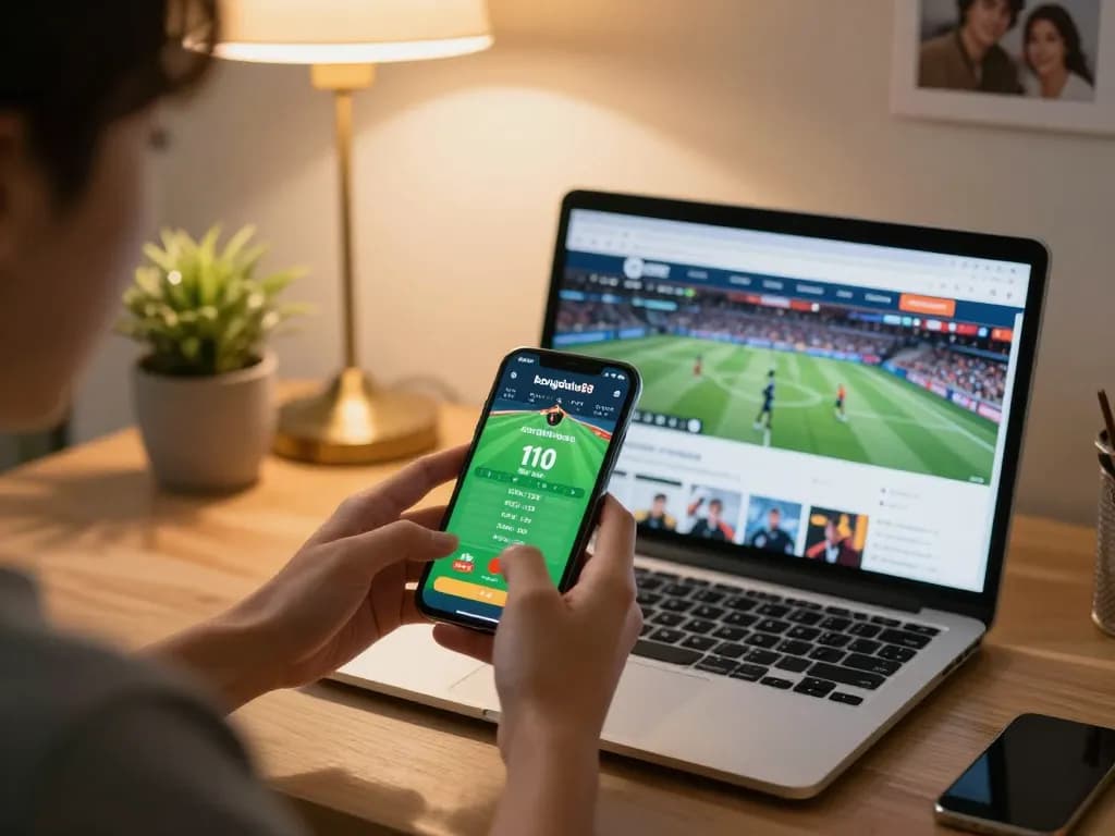 bongdalu88 user engaging in sports betting on smartphone in a cozy home setup.