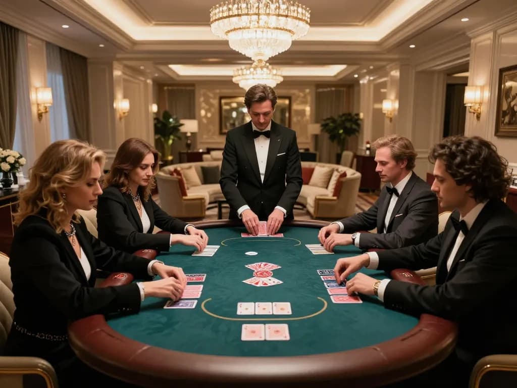 Engaged players at a high-stakes poker game representing Nhà cái uy tín vsbet in an elegant private setting.