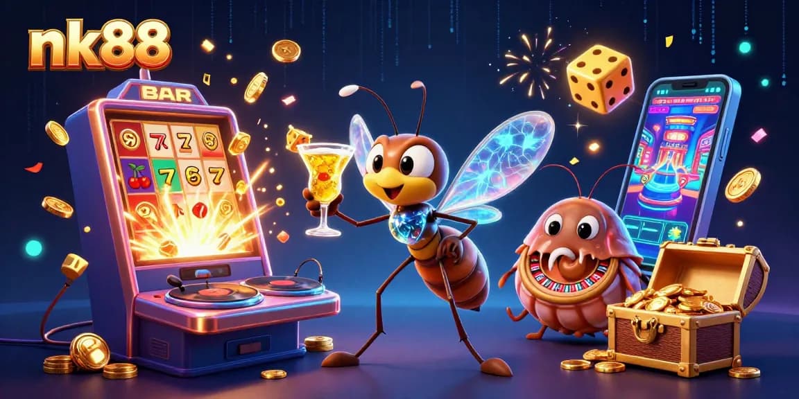 Experience nk88's vibrant casino atmosphere with a 3D aurora of games, jackpots, and dynamic characters.