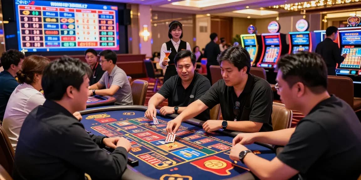 A diverse group of players engaging in lively situs togel gameplay at a colorful casino table.