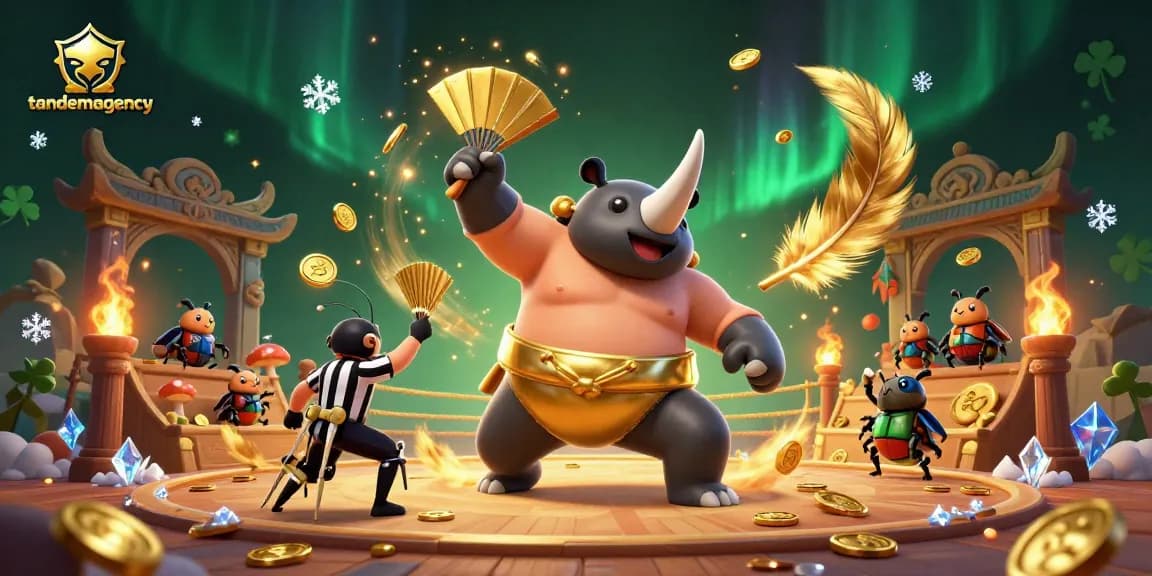 Tandemagency showcases a dynamic casino arena scene featuring a rhinoceros beetle sumo champion amidst flying coins and cheering beetle spectators.