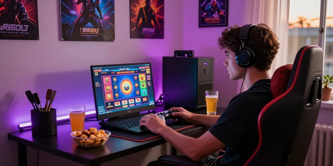 Engaged gamer playing toto slot game on laptop in vibrant home setup