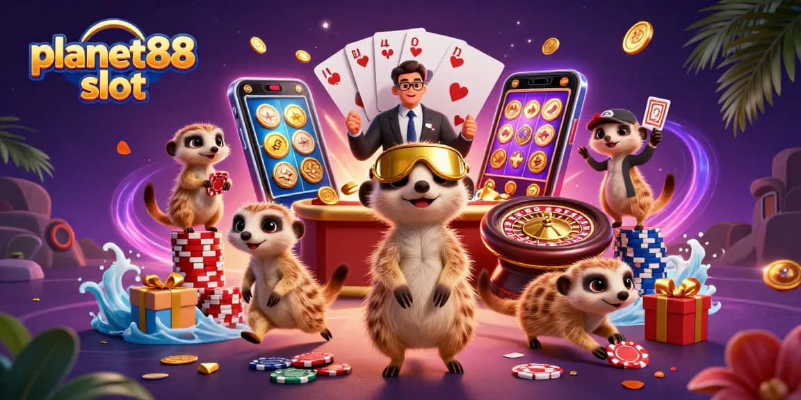 Experience exciting gameplay at planet88 slot with engaging meerkats managing a vibrant casino.