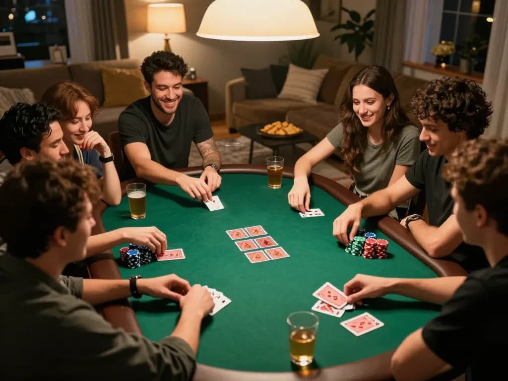 Friends enjoying a lively poker night at home with 888new atmosphere, analyzing hands, cheering at wins