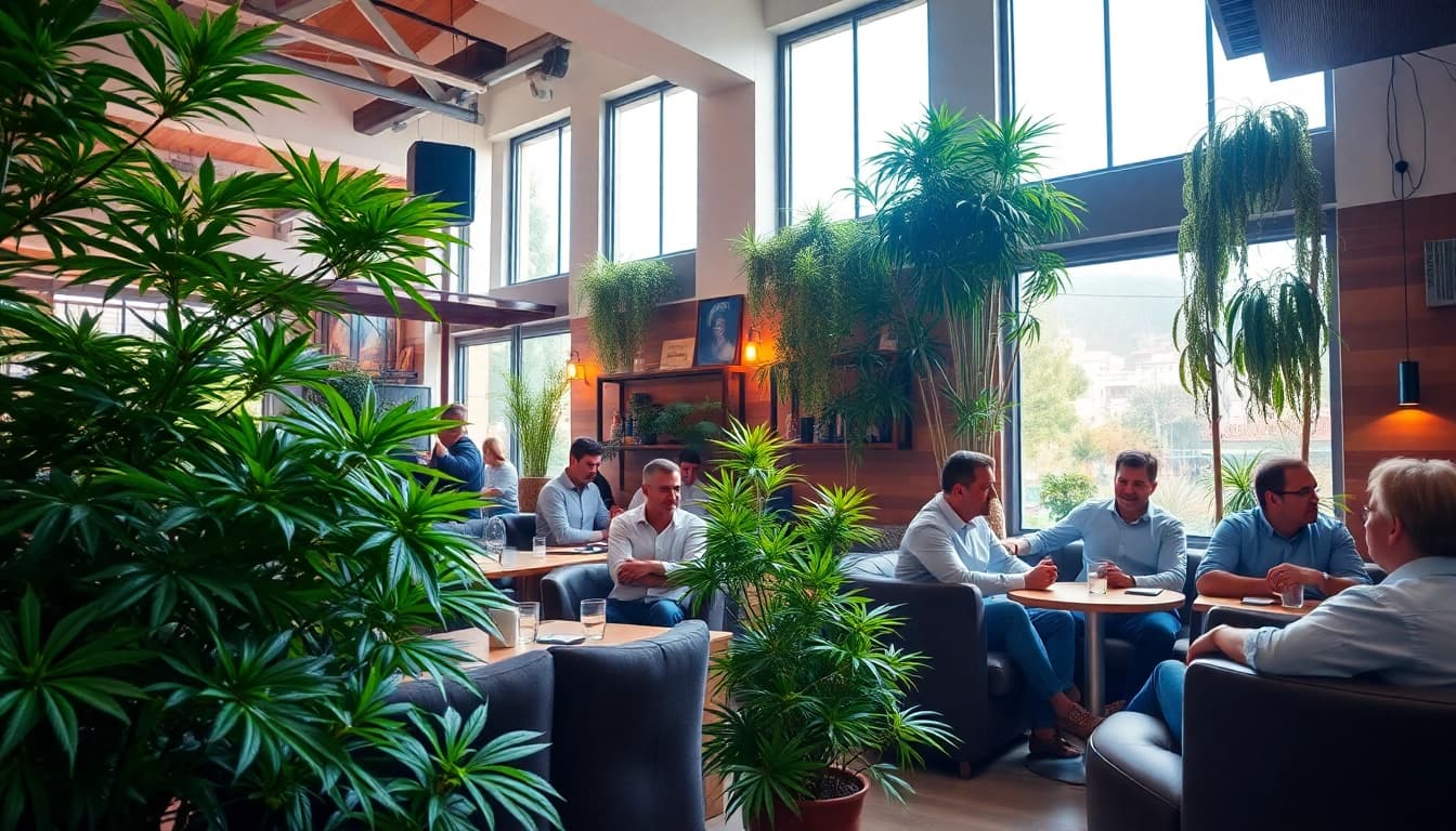 Erleben Sie die Atmosphäre im Weed Club Lloret De Mar mit entspannten Gästen und grünen Pflanzen.